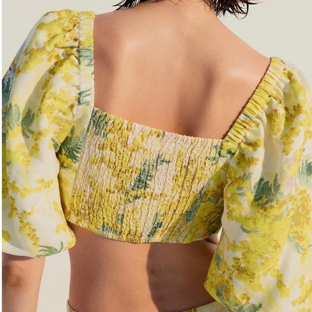 H&M Yellow Floral Mimosa Linen Blend Puff Sleeve Crop Top Square Neck MED Cottge